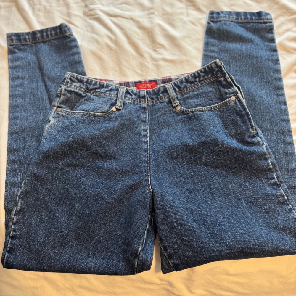 Vintage Esprit High Waisted Tapered Leg Jeans Blue Denim Side Zip Plaid Lining 9